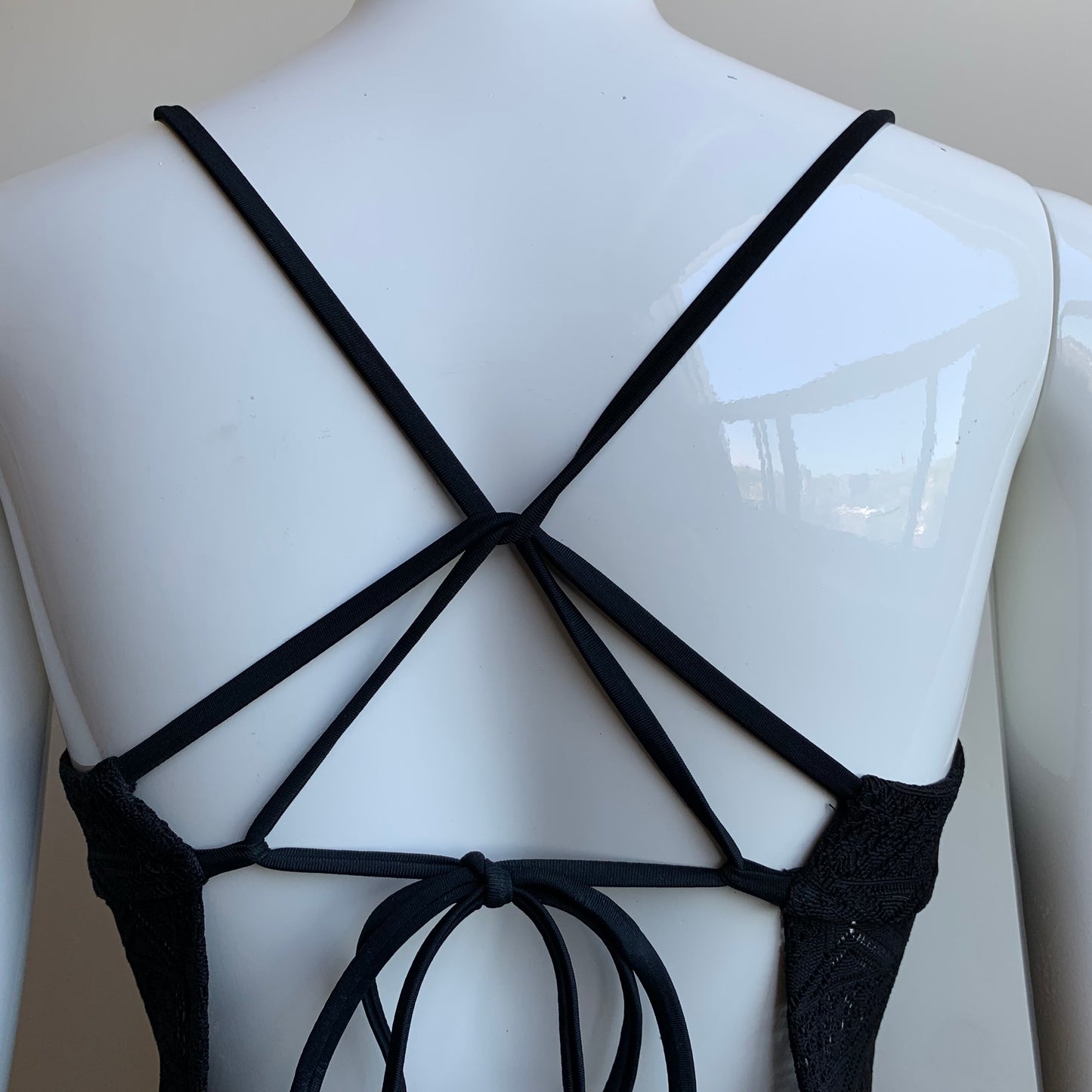 Hula Honey black crochet lace cross back apron style tankini top