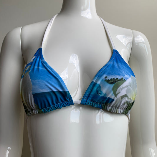 Aaron Chang plumeria blue white reversible belted bikini