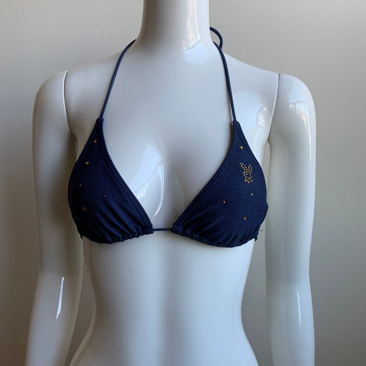 Playboy Swimwear Crystal bunny logo navy blue triangle bikini top swimsuit