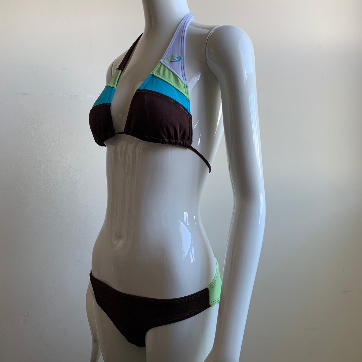 Rip Curl brown blue lime color block halter top bikini