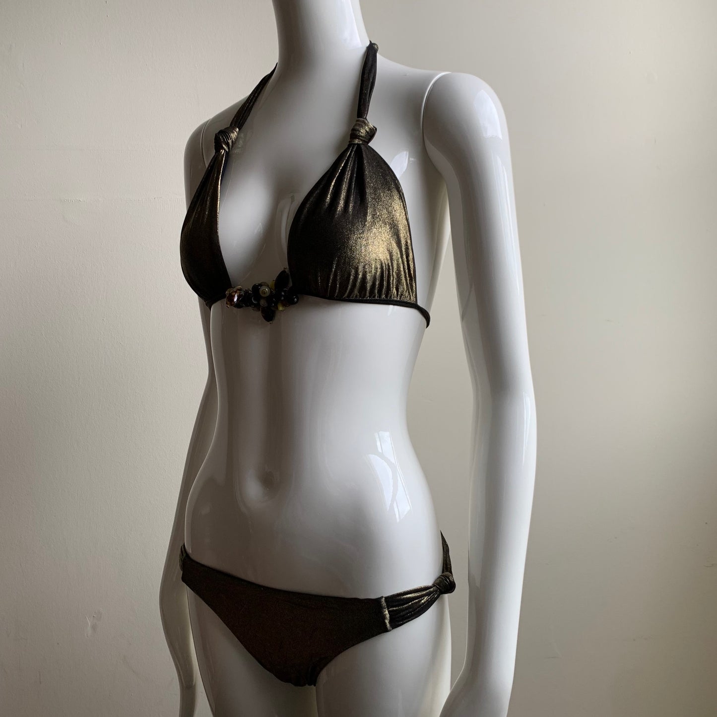 Sauvage california bronze gold beaded halter top luxury bikini