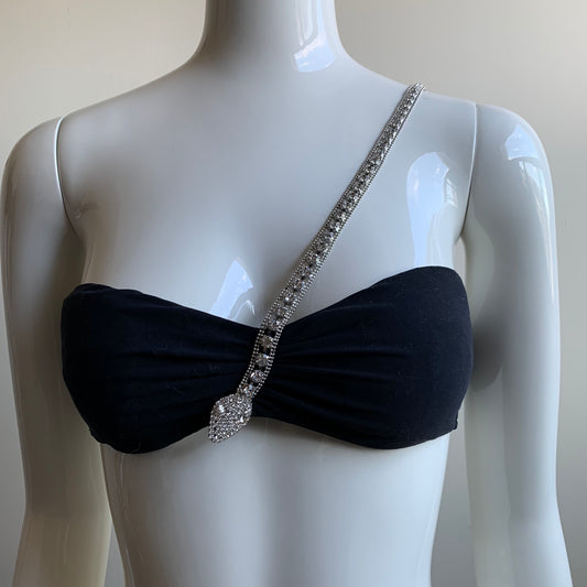 Sauvage black swarovski crystal snake one shoulder strap bandeau bikini top set