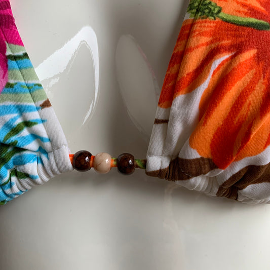 Raisins Multi color floral print beaded halter bikini top size medium