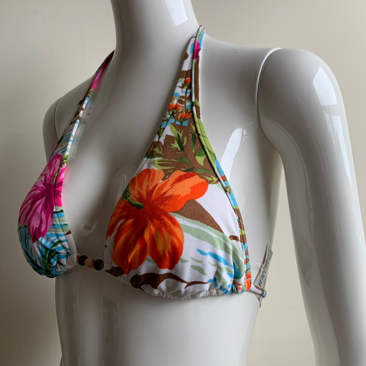Raisins Multi color floral print beaded halter bikini top size medium