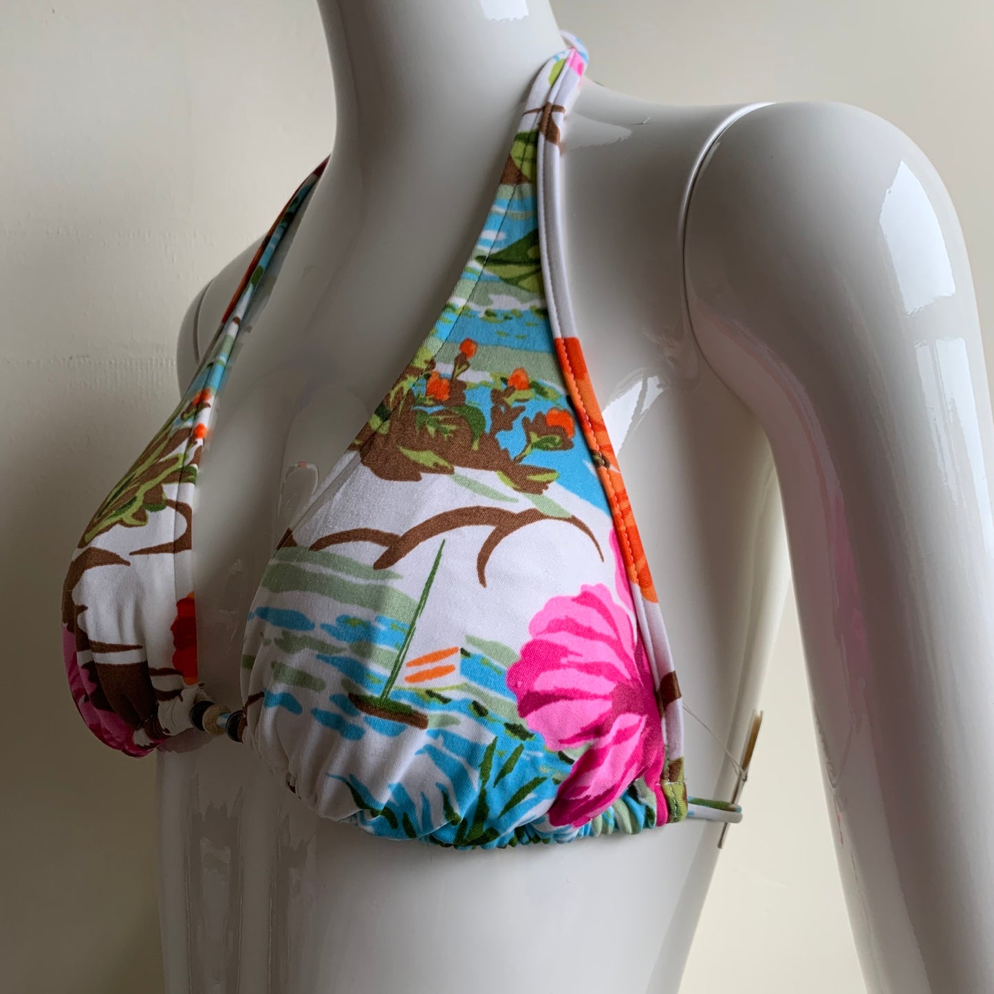 Raisins Multi color floral print beaded halter bikini top size large