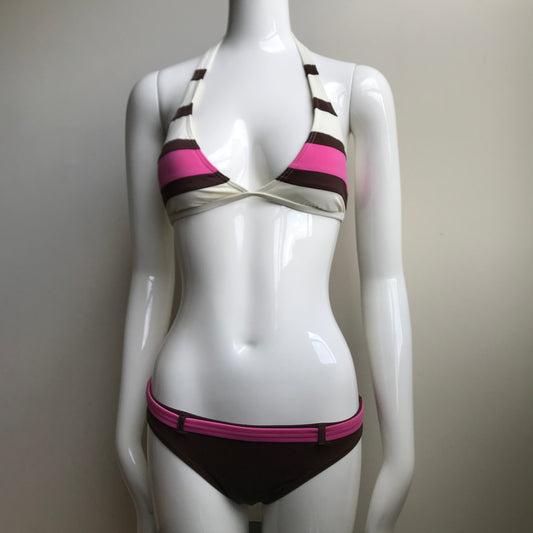Billabong Bikini Pink & Brown Halter top Belted bottom swimsuit