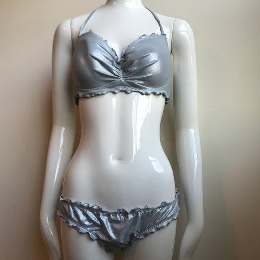 Sun Dazed Silver Underwire bra 34DD D/DD Cup shirred ruffle bikini M
