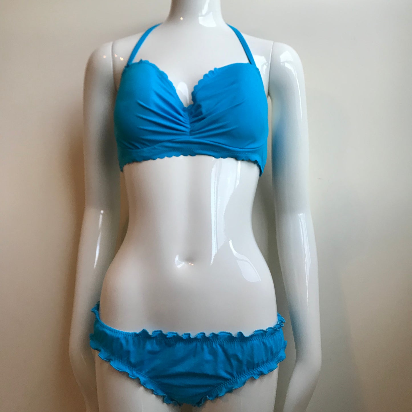 Sun Dazed Blue Underwire bra 34DD D/DD Cup shirred ruffle bikini M