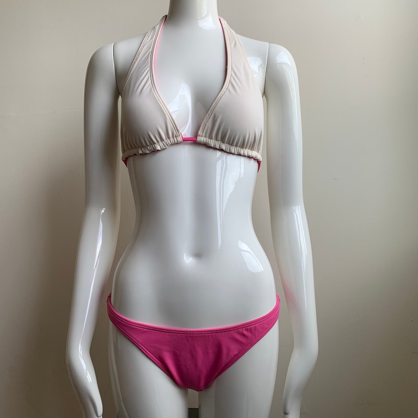 Billabong Bikini Pink Solid Reversible Cream Halter Top Swimsuit