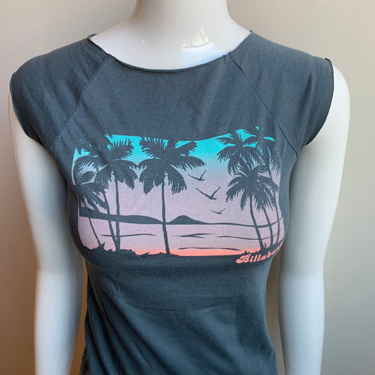 Billabong BLUE CRUSH Vintage RARE gray scenic palm tree print fitted t-shirt top