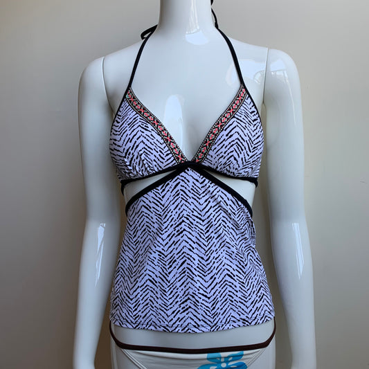 Hula Honey black & white apron style tankini top with push up padding