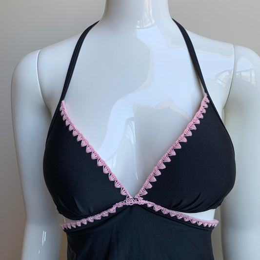 Hula Honey black pink stitch apron style tankini top with push up padding