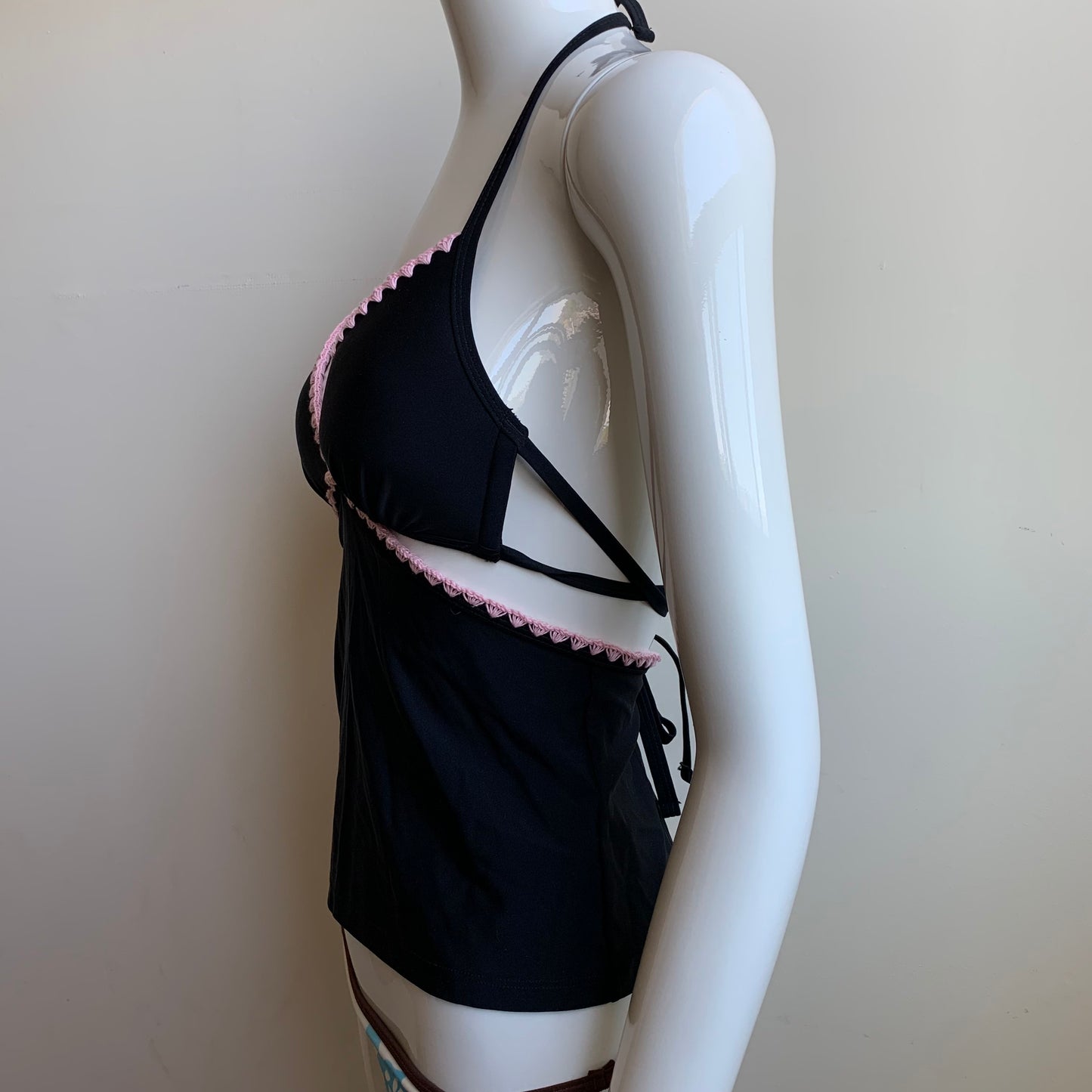Hula Honey black pink stitch apron style tankini top with push up padding