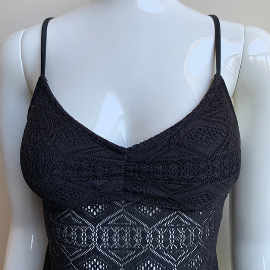 Hula Honey black crochet lace cross back apron style tankini top