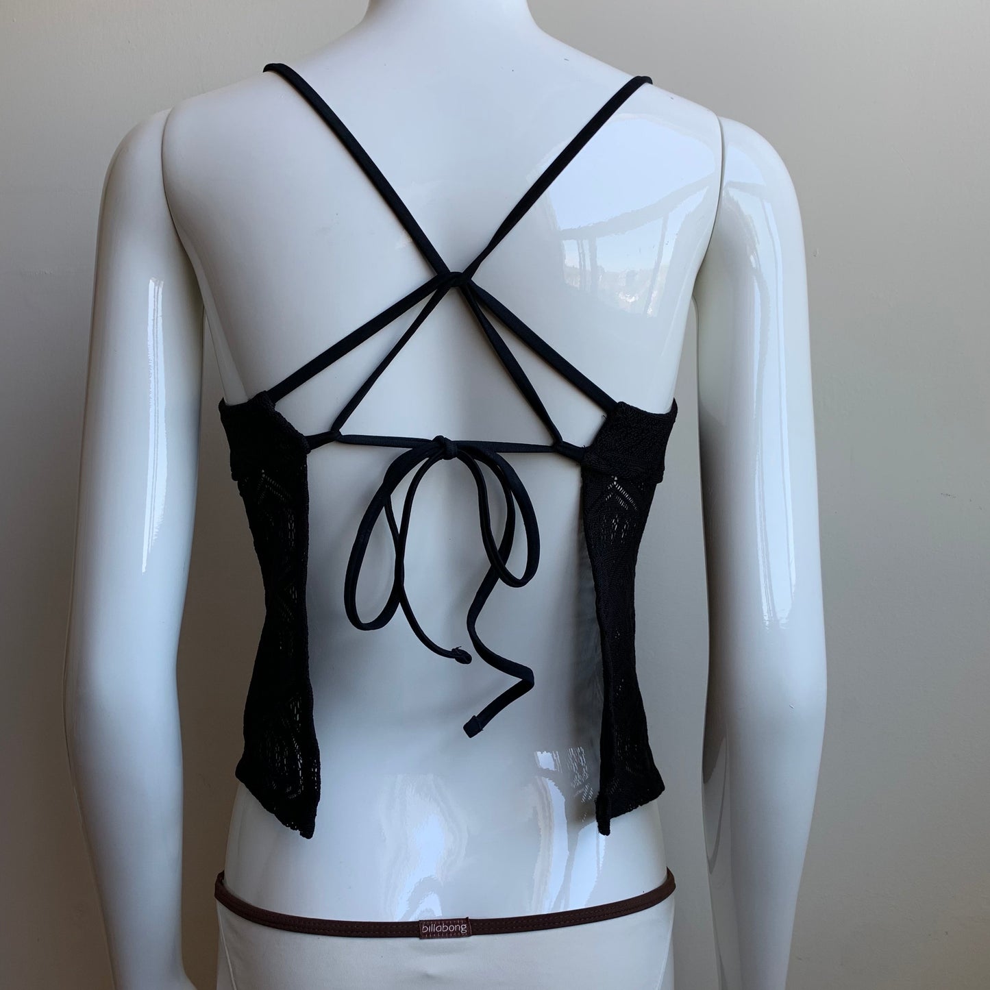Hula Honey black crochet lace cross back apron style tankini top
