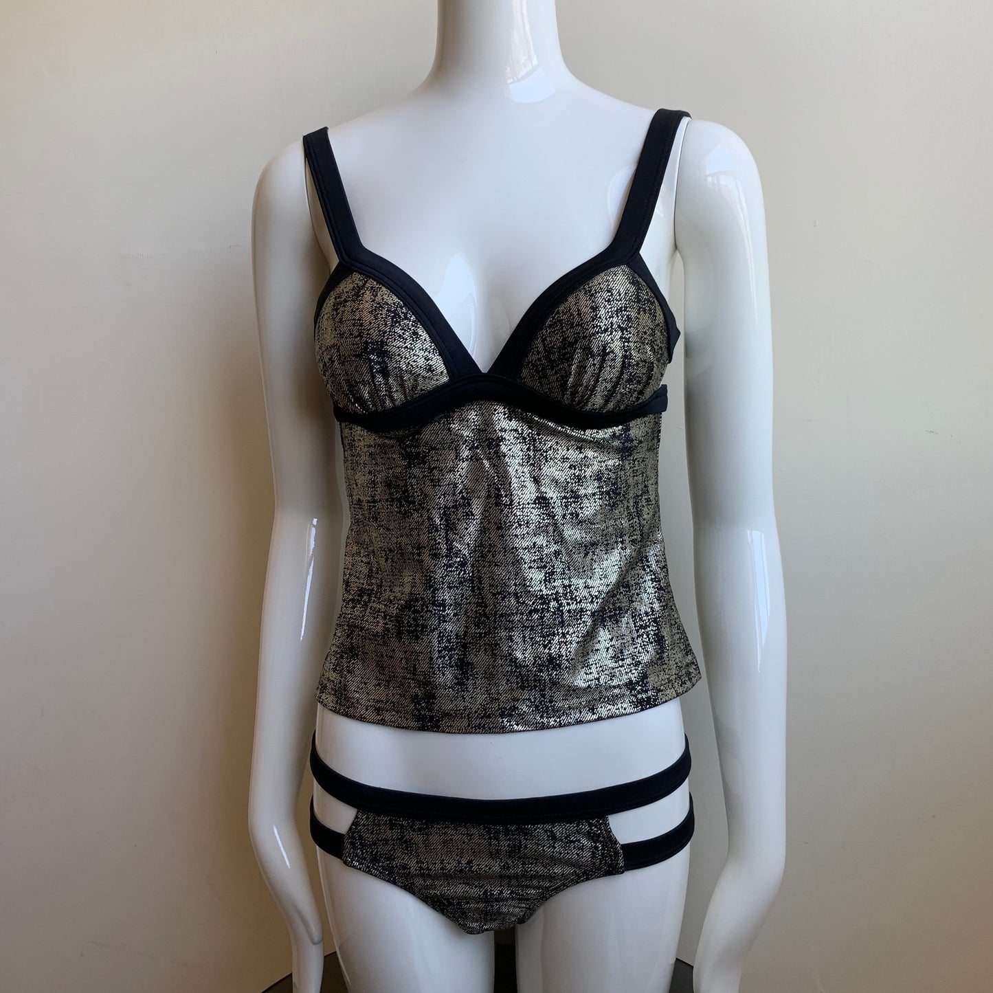 Hula Honey black & gold apron style tankini top with push up padding