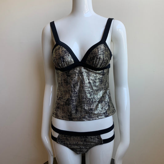 Hula Honey black & gold apron style tankini top with push up padding