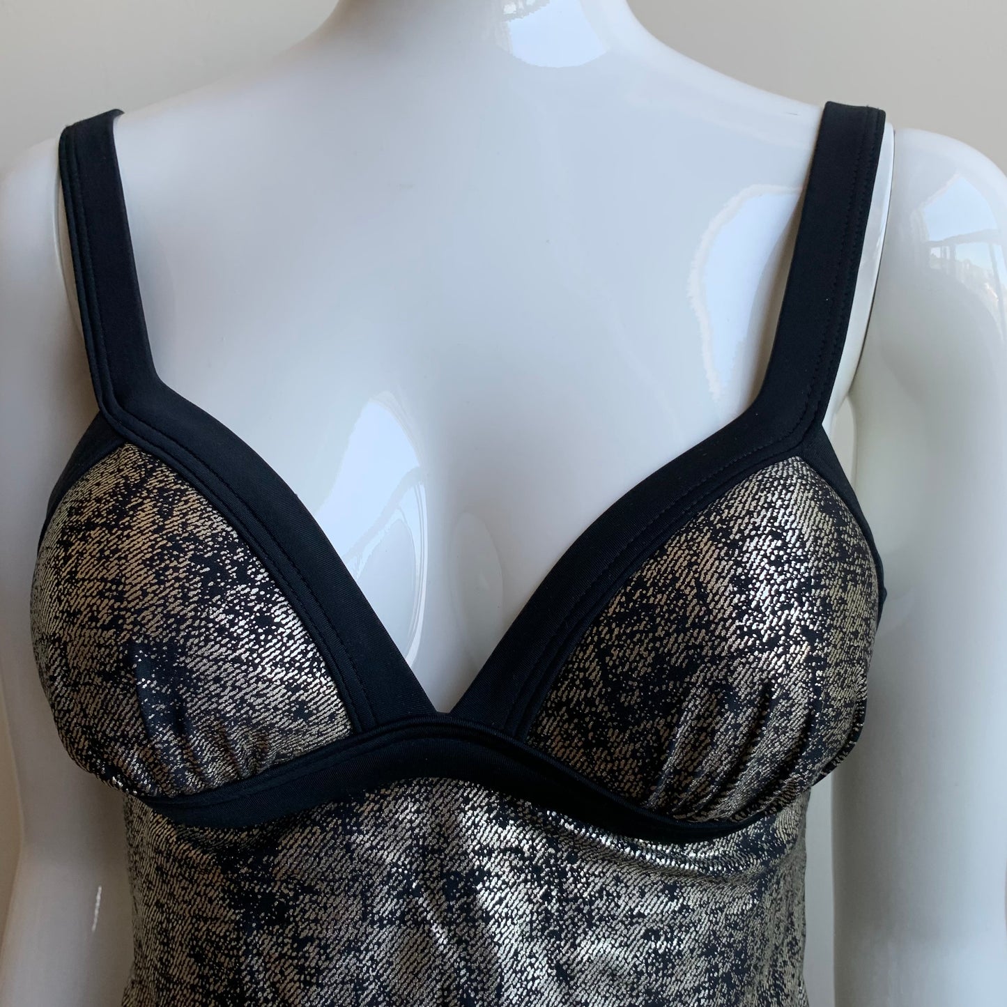 Hula Honey black & gold apron style tankini top with push up padding