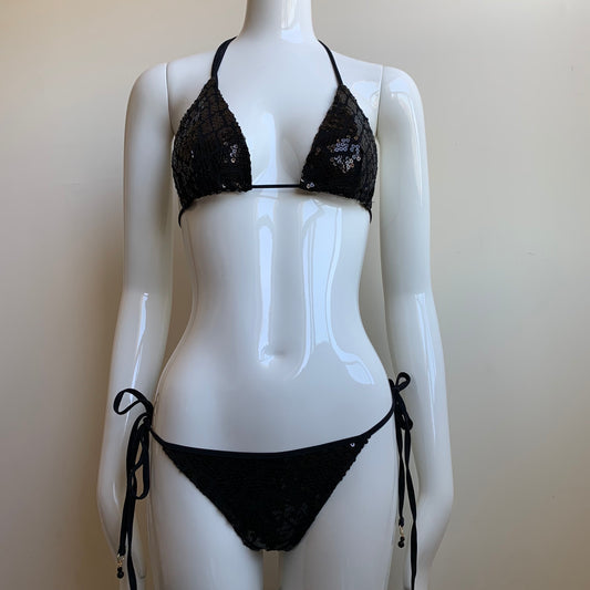 Sauvage Luxe black sequin triangle top tie side bikini