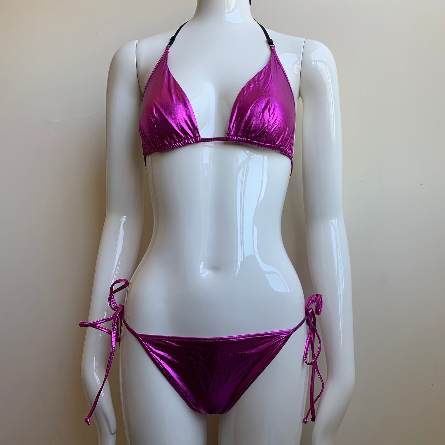 Sauvage California Pink Fuschia foil lame metallic triangle bikini set