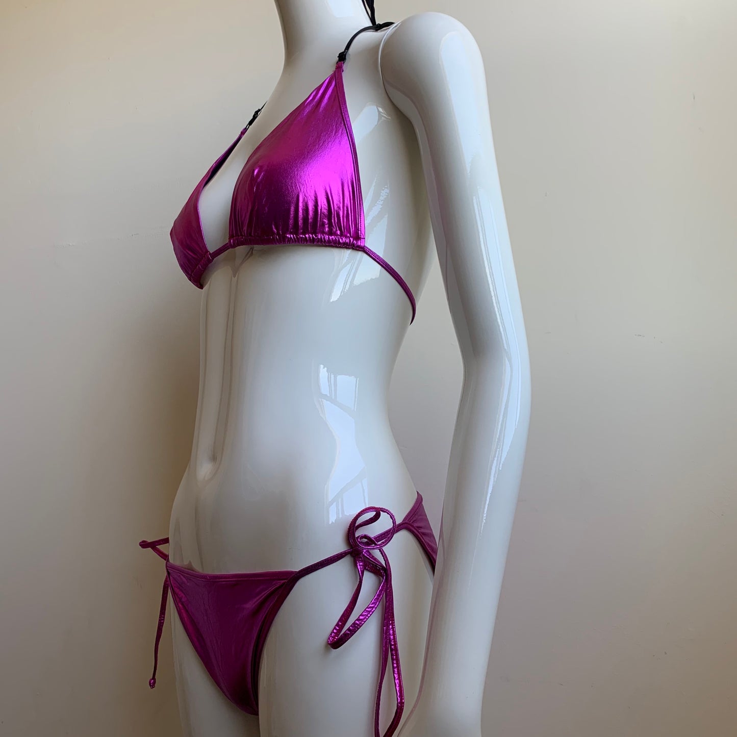 Sauvage California Pink Fuschia foil lame metallic triangle bikini set