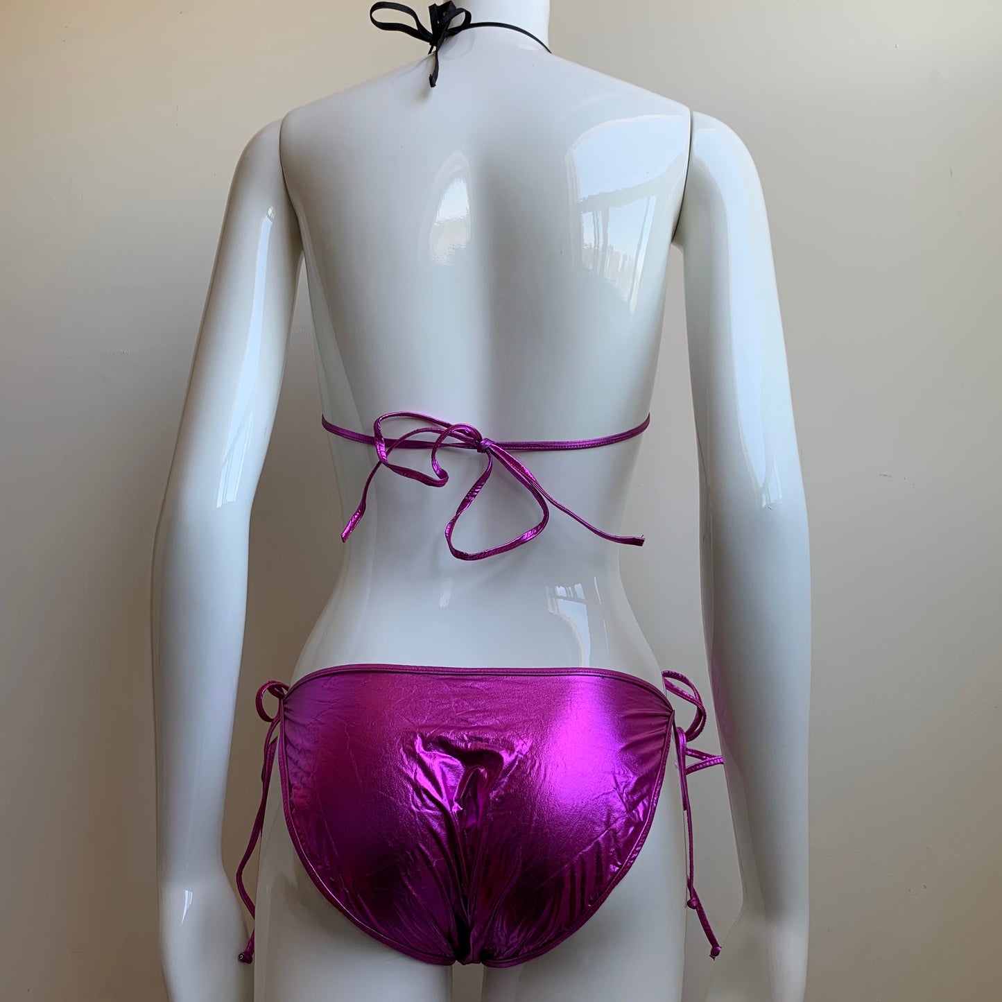 Sauvage California Pink Fuschia foil lame metallic triangle bikini set