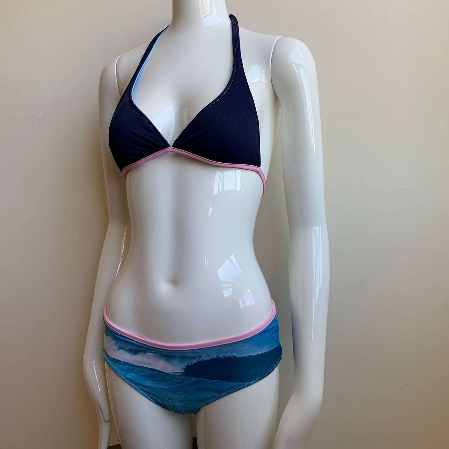 Aaron Chang Vintage Stripe Wave Scenic Photo Print Halter Bikini