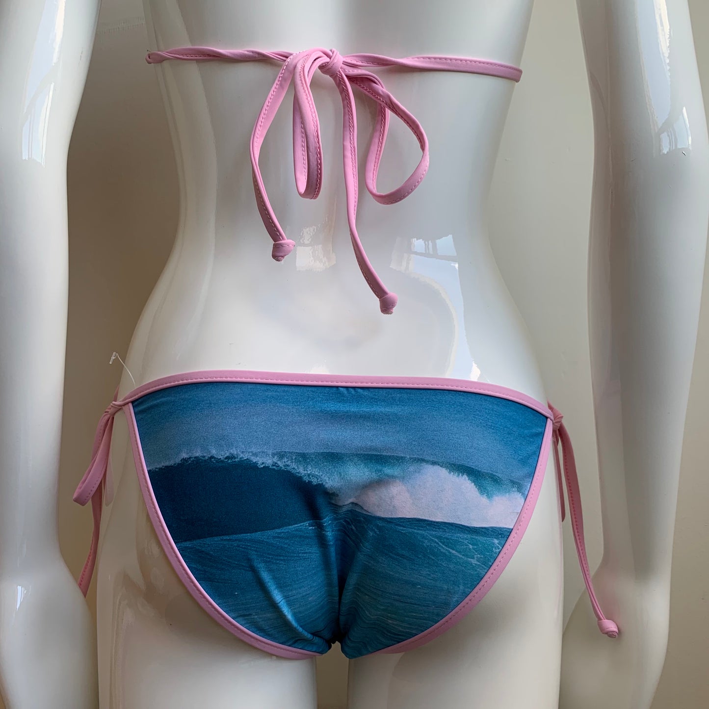 Aaron Chang Vintage NEW Stripe wave Print pink navy triangle top tie side Bikini