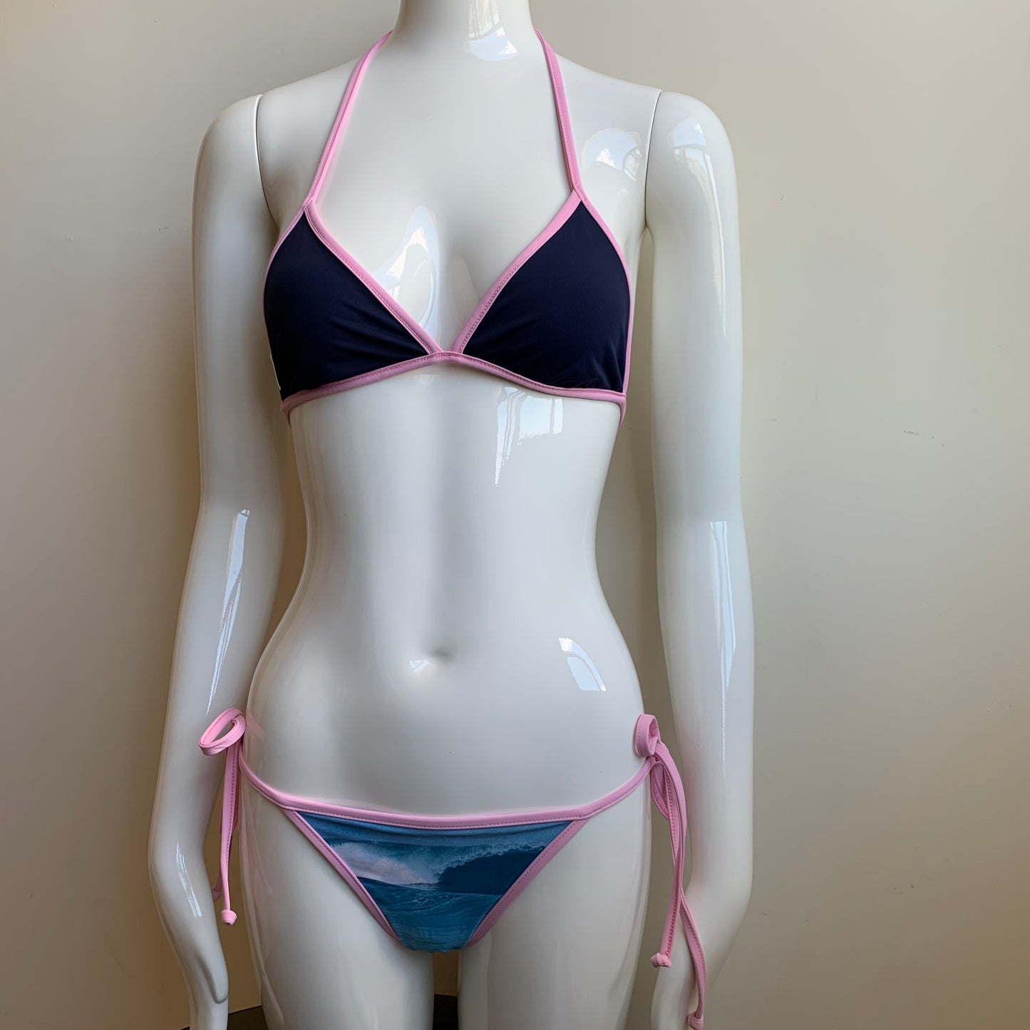 Aaron Chang Vintage NEW Stripe wave Print pink navy triangle top tie side Bikini