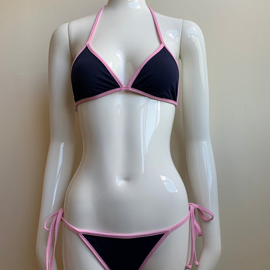 Aaron Chang Vintage NEW Stripe wave Print pink navy triangle top tie side Bikini