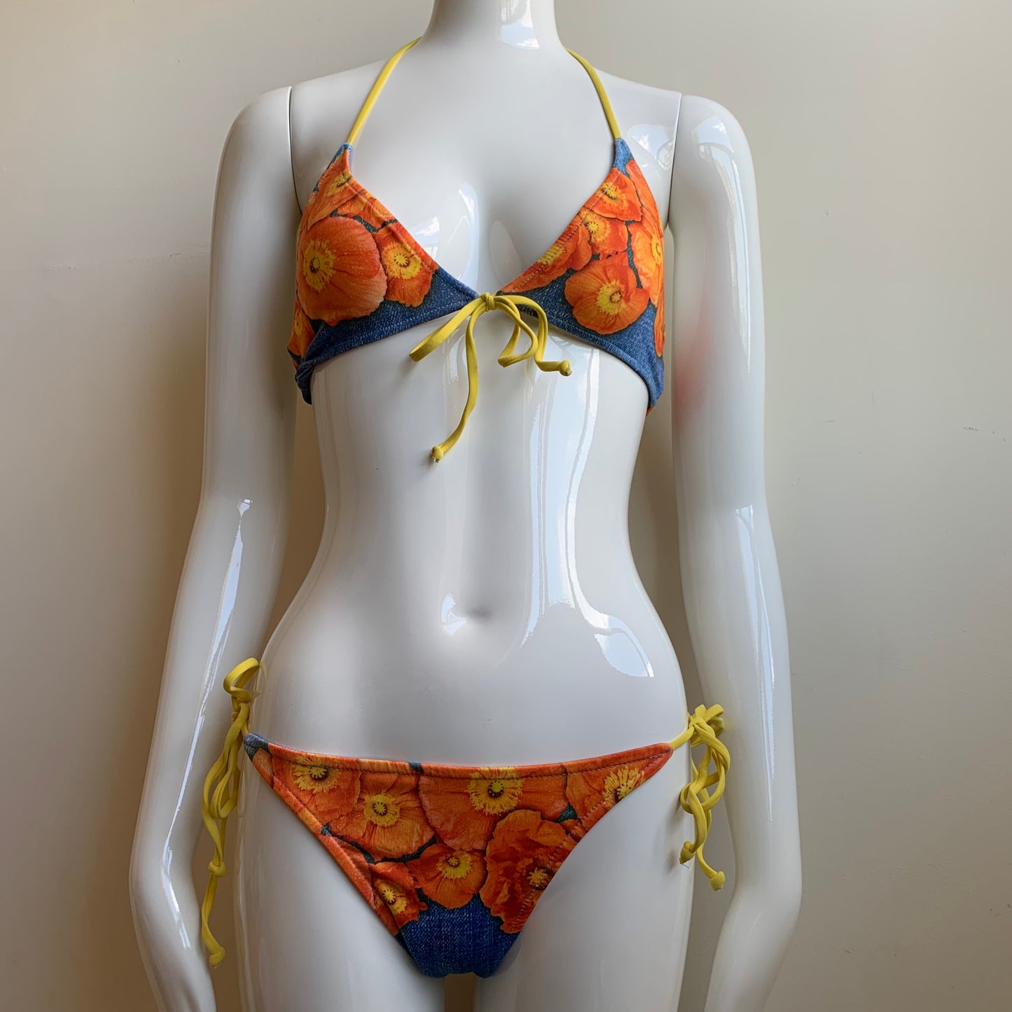 Aaron Chang denim & orange floral reversible bikini