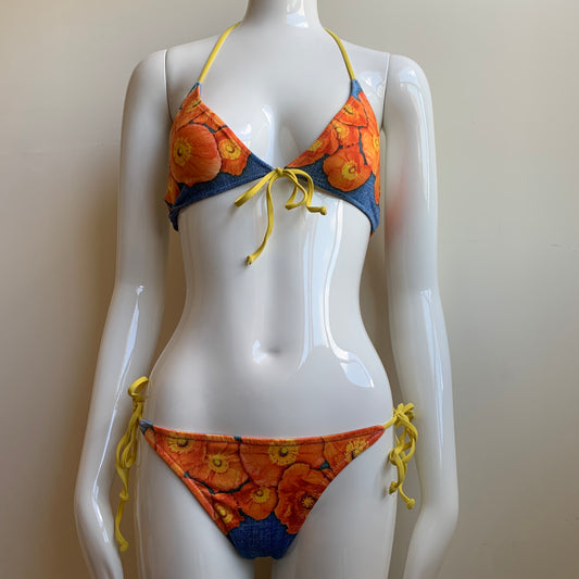 Aaron Chang denim & orange floral reversible bikini