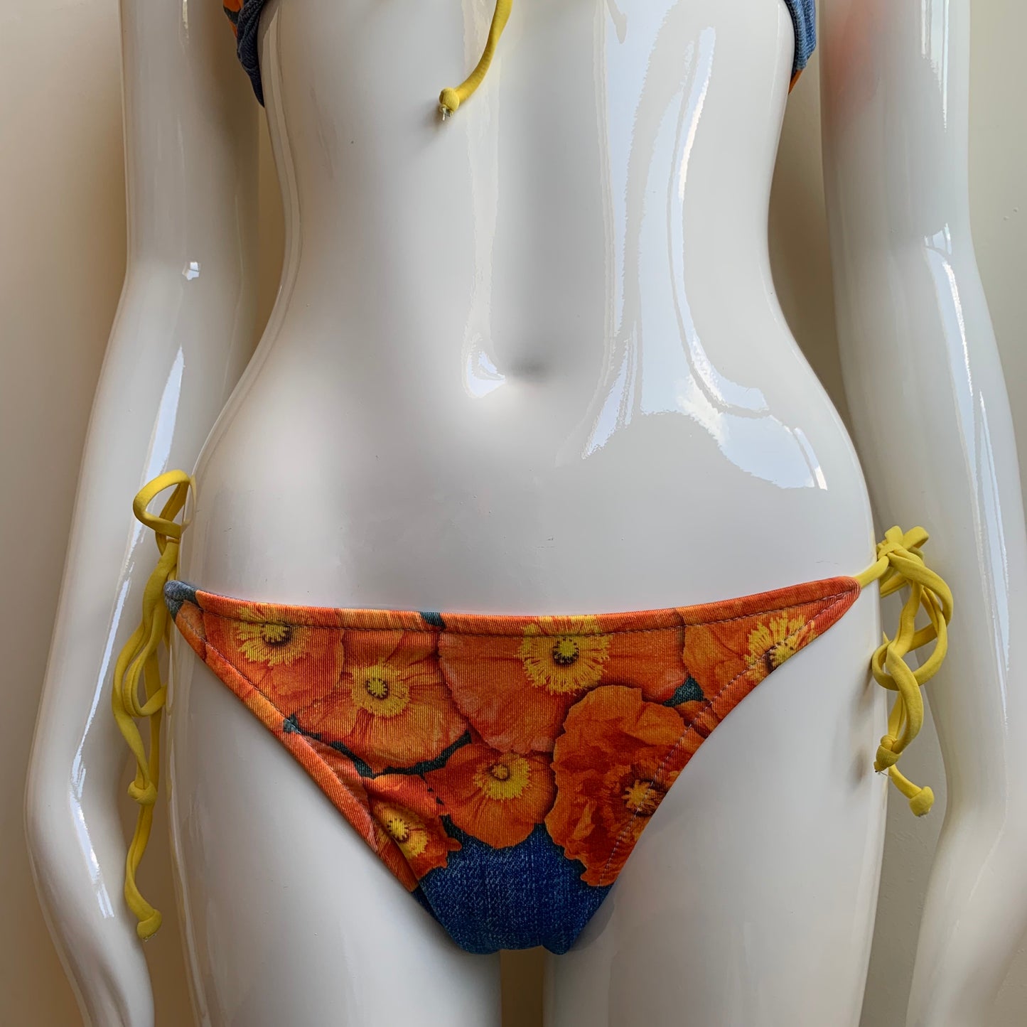 Aaron Chang denim & orange floral reversible bikini