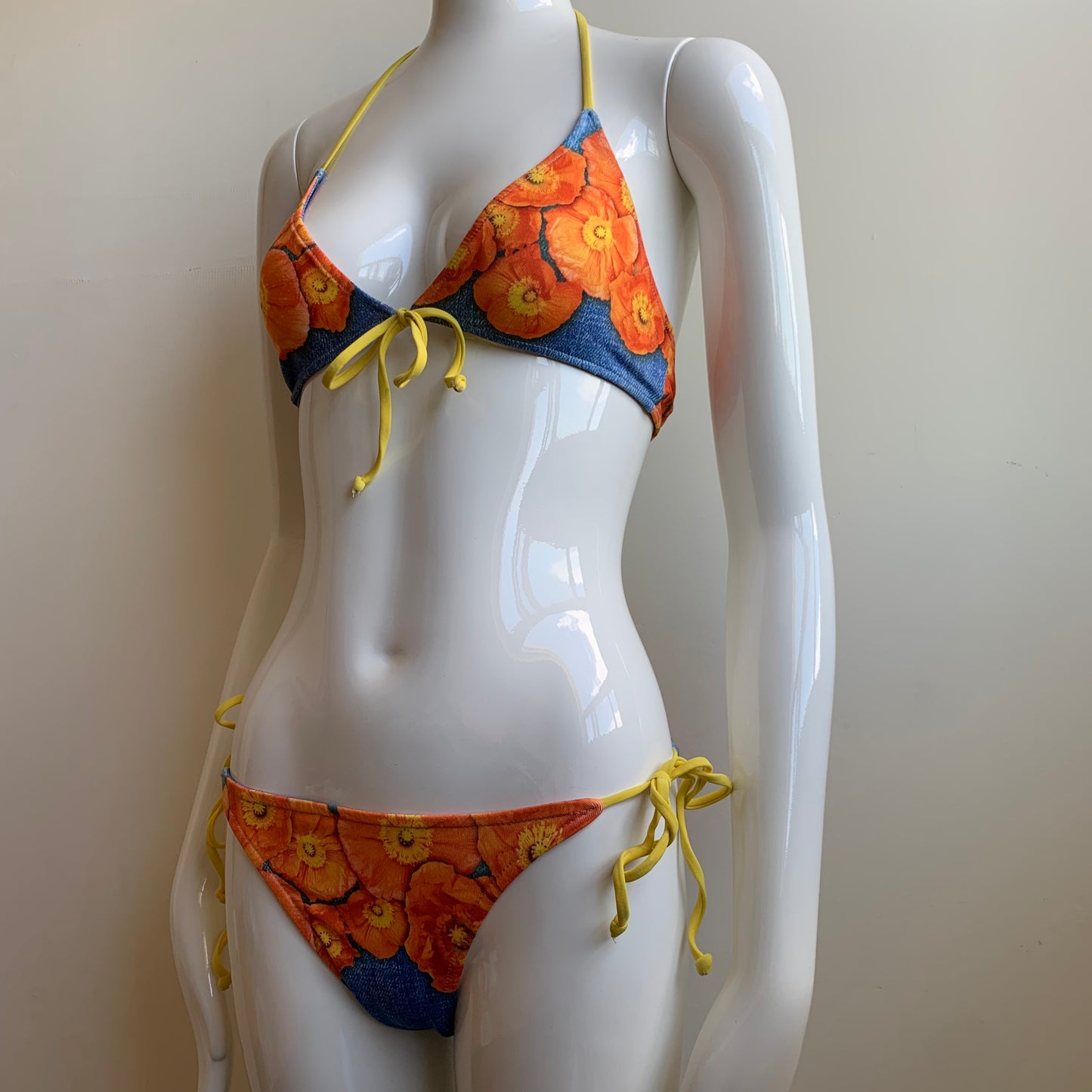 Aaron Chang denim & orange floral reversible bikini