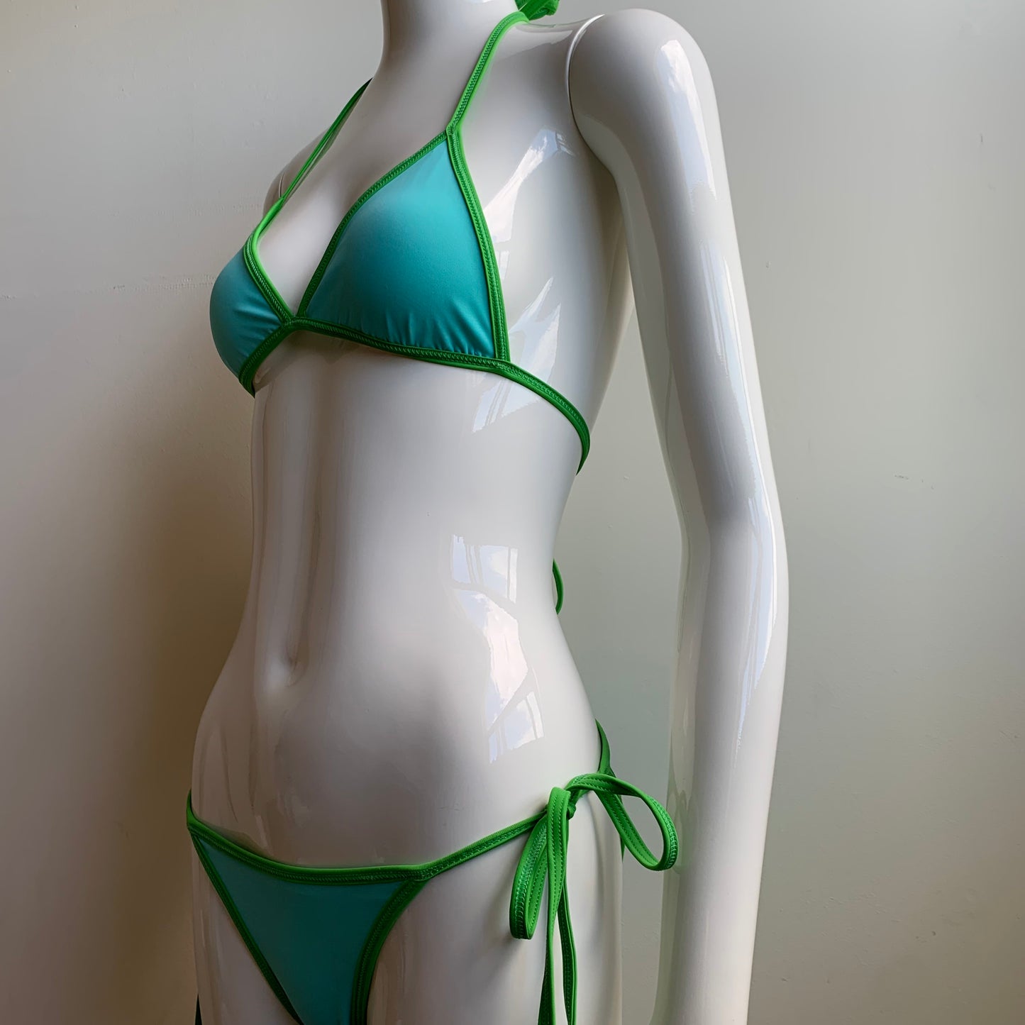 Aaron Chang Vintage Green reversible aqua triangle top tie side Bikini