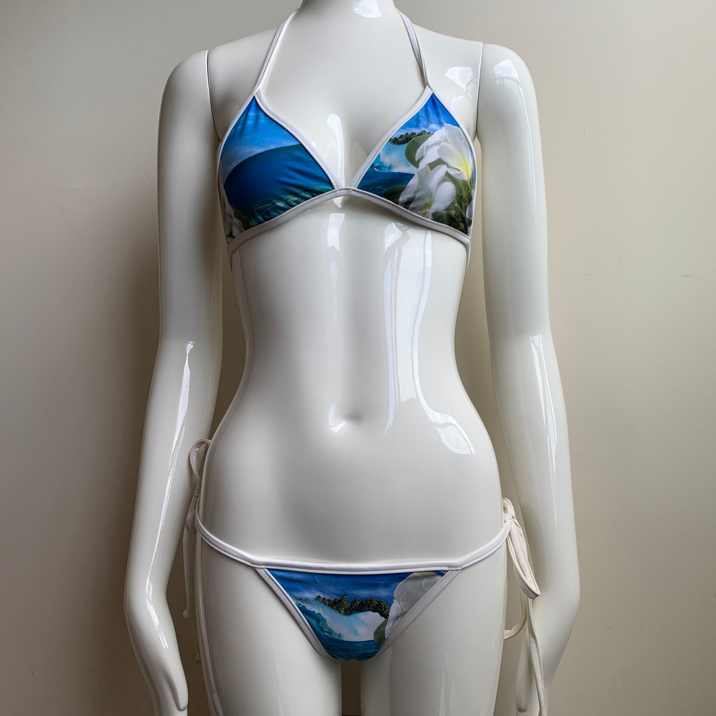 Aaron Chang plumeria blue reversible bikini triangle top tie side