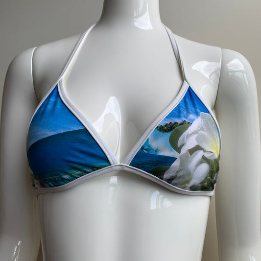 Aaron Chang plumeria blue reversible bikini triangle top tie side