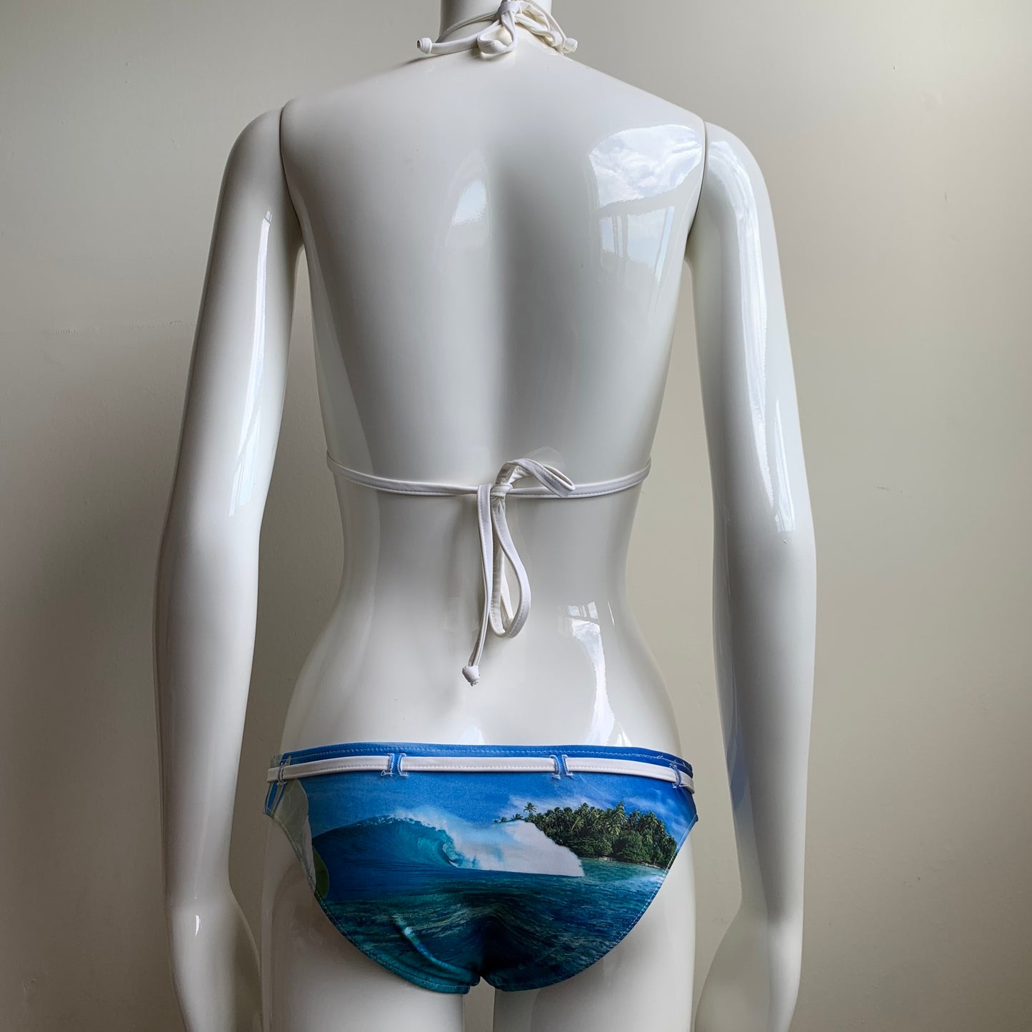 Aaron Chang plumeria blue white reversible belted bikini