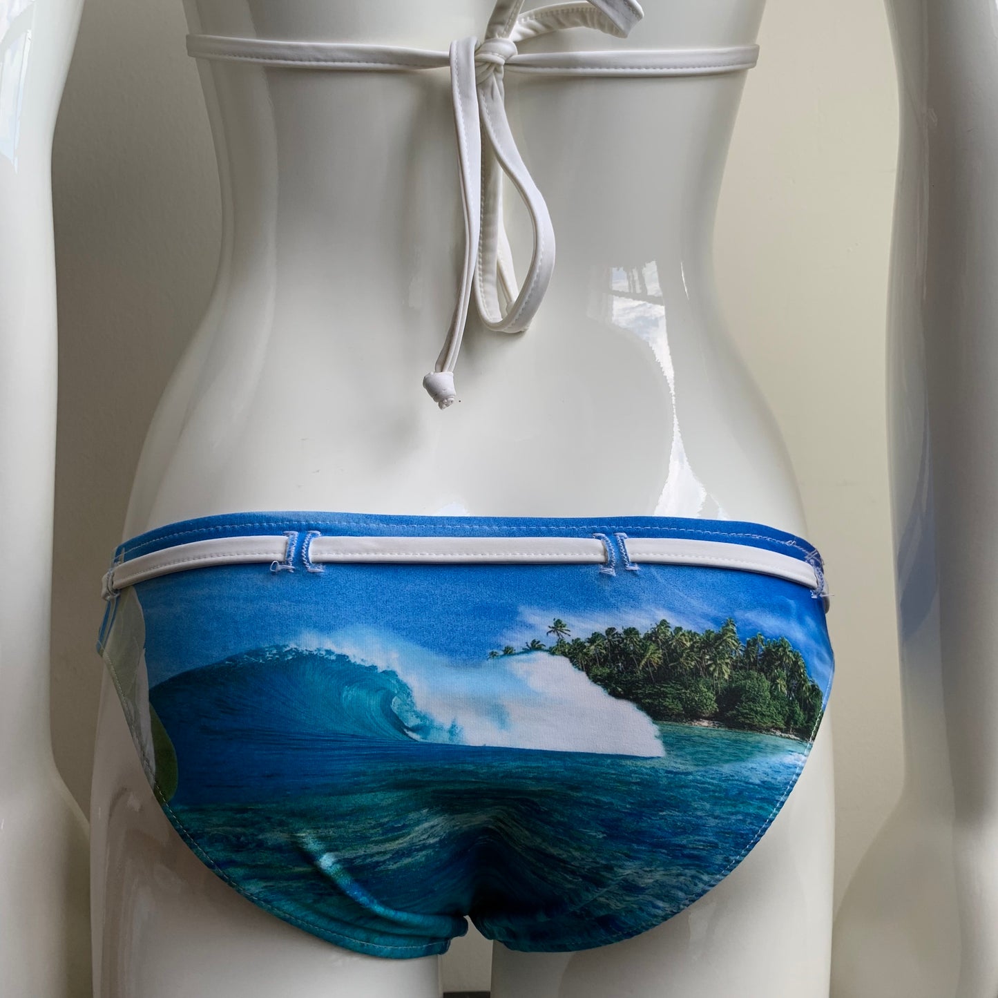 Aaron Chang plumeria blue white reversible belted bikini