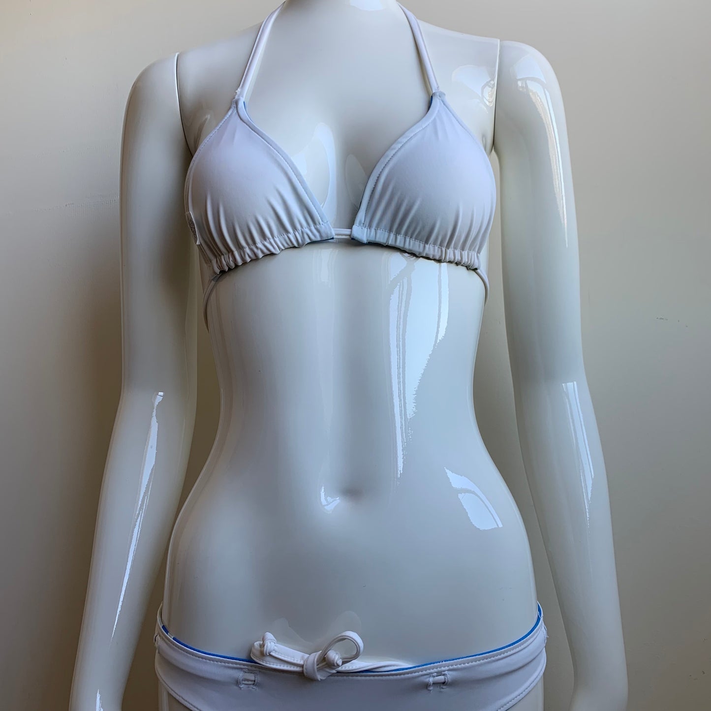 Aaron Chang plumeria blue white reversible belted bikini