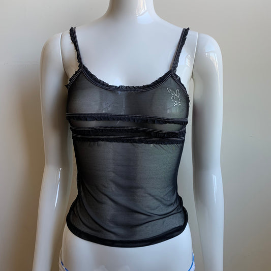 Playboy Lingerie black mesh lace crystal bunny logo printed camisole tank top