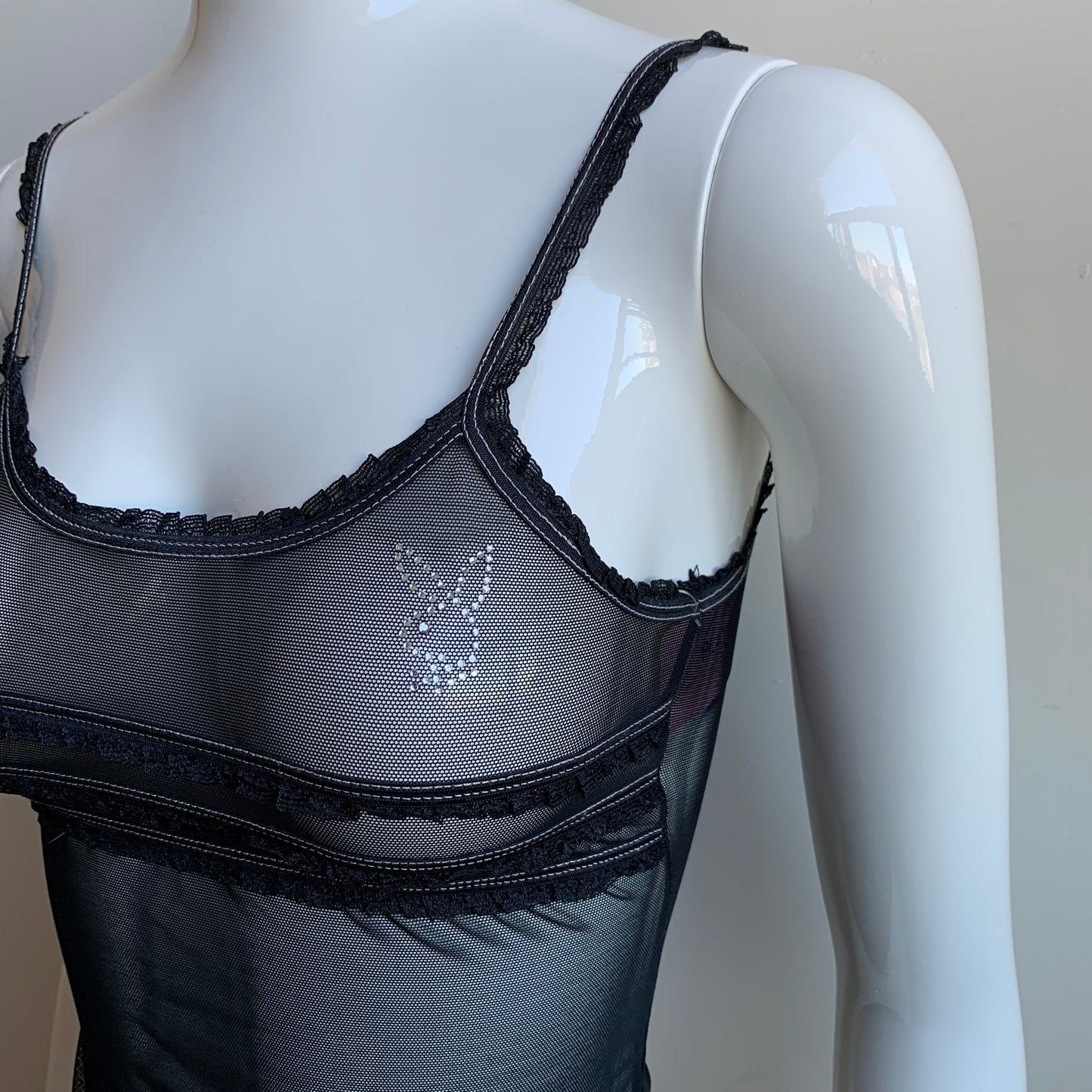 Playboy Lingerie black mesh lace crystal bunny logo printed camisole tank top