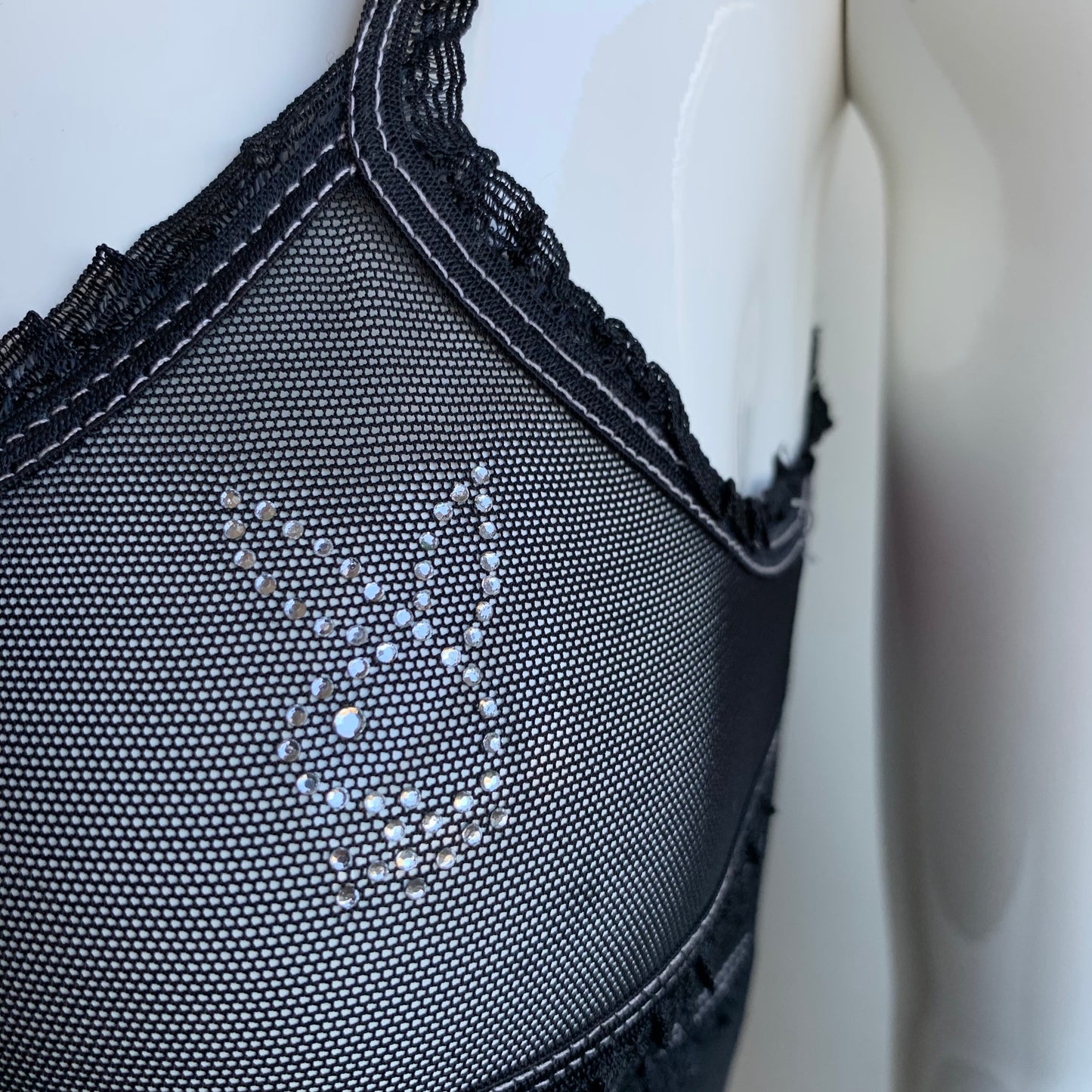 Playboy Lingerie black mesh lace crystal bunny logo printed camisole tank top