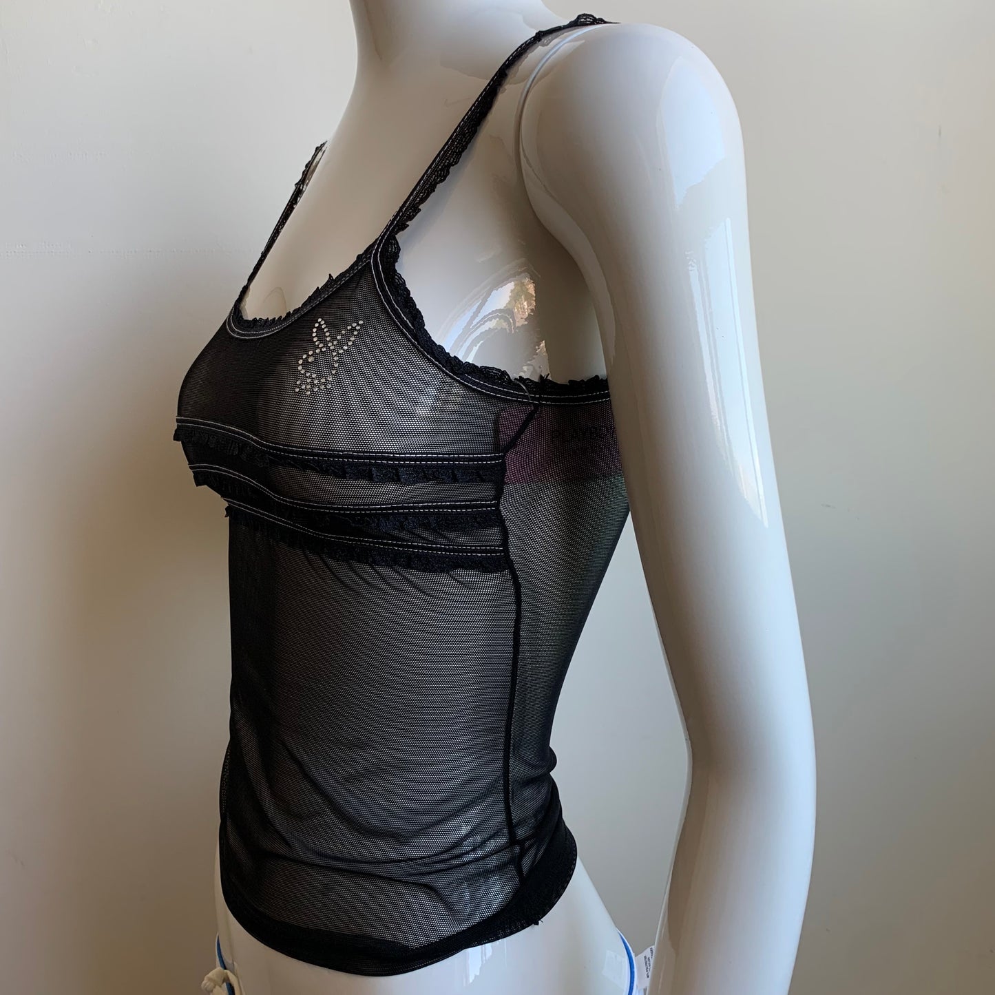 Playboy Lingerie black mesh lace crystal bunny logo printed camisole tank top