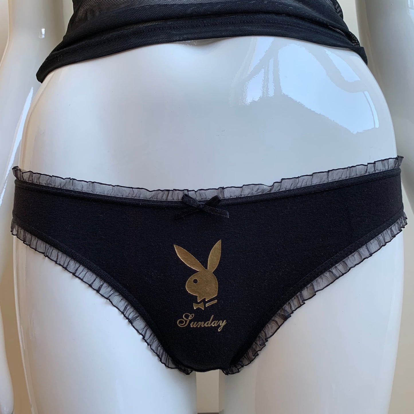 Playboy Lingerie set of 3 black weekend logo bunny lace thong underwear