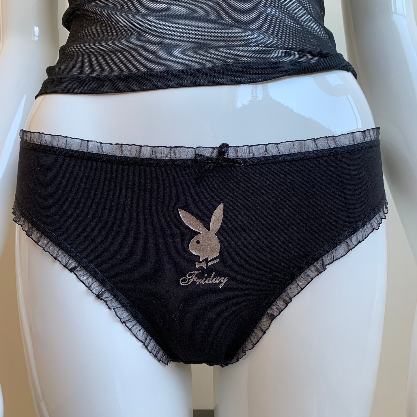 Playboy Lingerie set of 3 black weekend logo bunny lace thong underwear