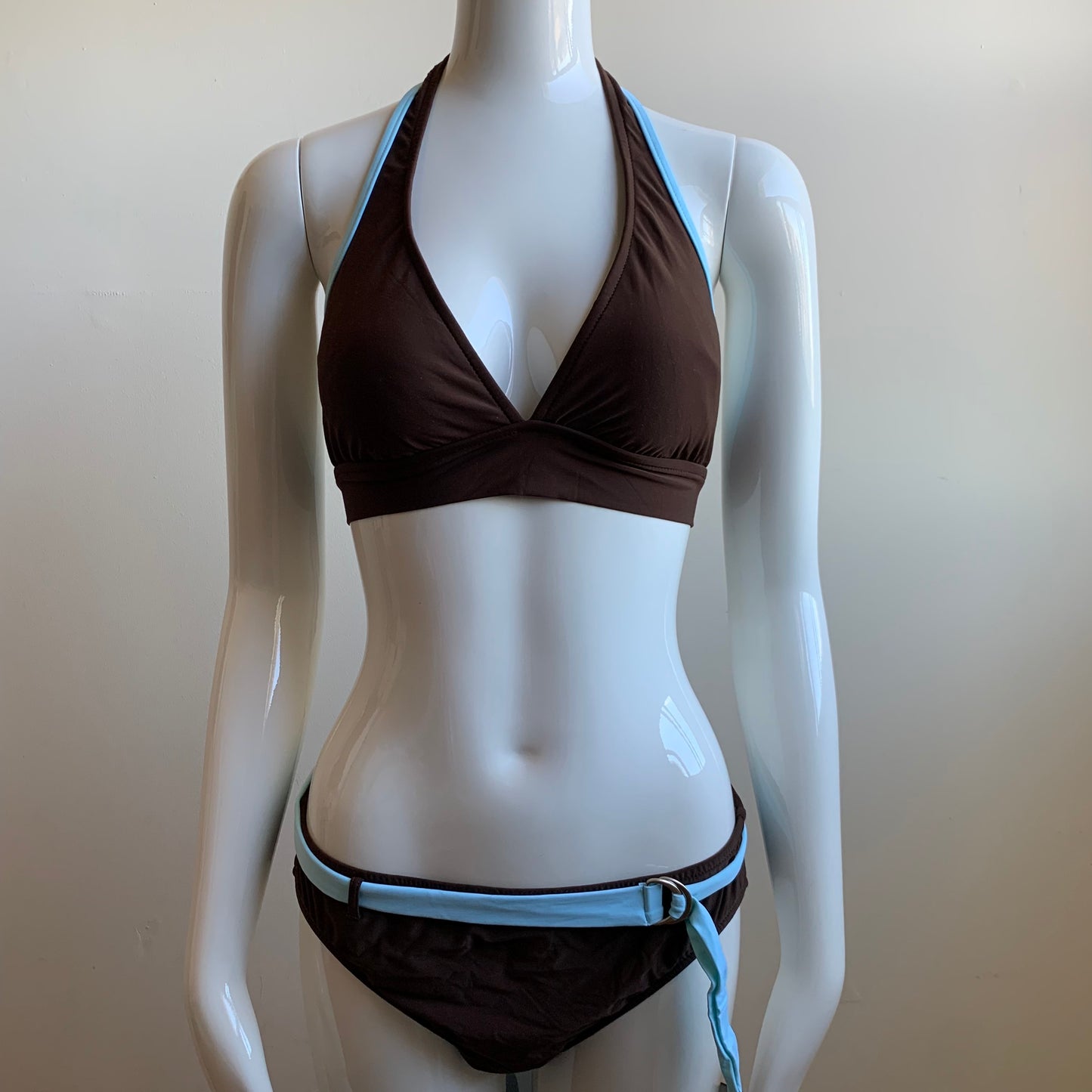 Leilani brown & aqua belted full coverage halter bikini
