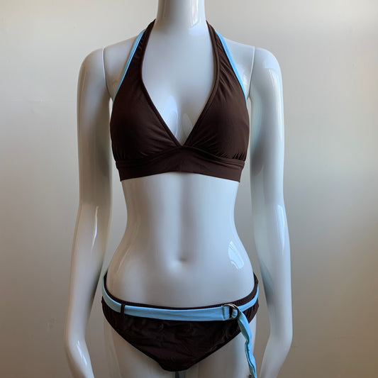 Leilani brown & aqua belted full coverage halter bikini