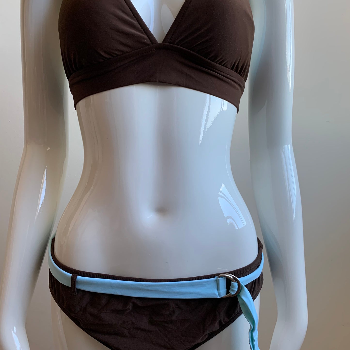 Leilani brown & aqua belted full coverage halter bikini