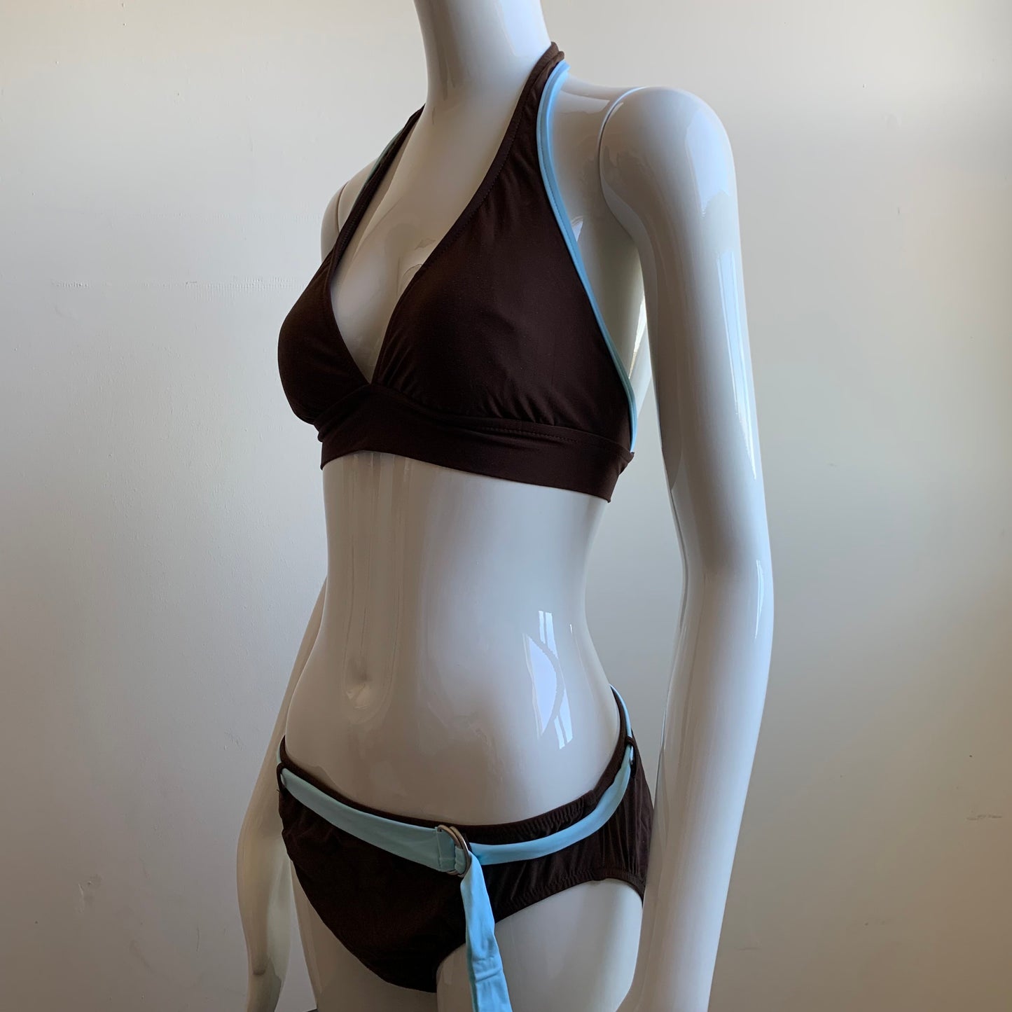 Leilani brown & aqua belted full coverage halter bikini